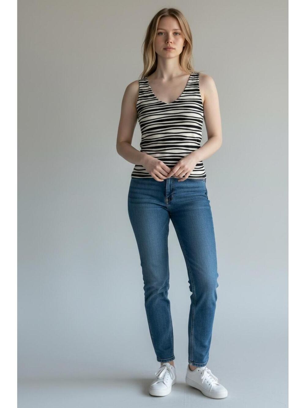 White + Black Black and Cream Striped V-Neck Tank Top